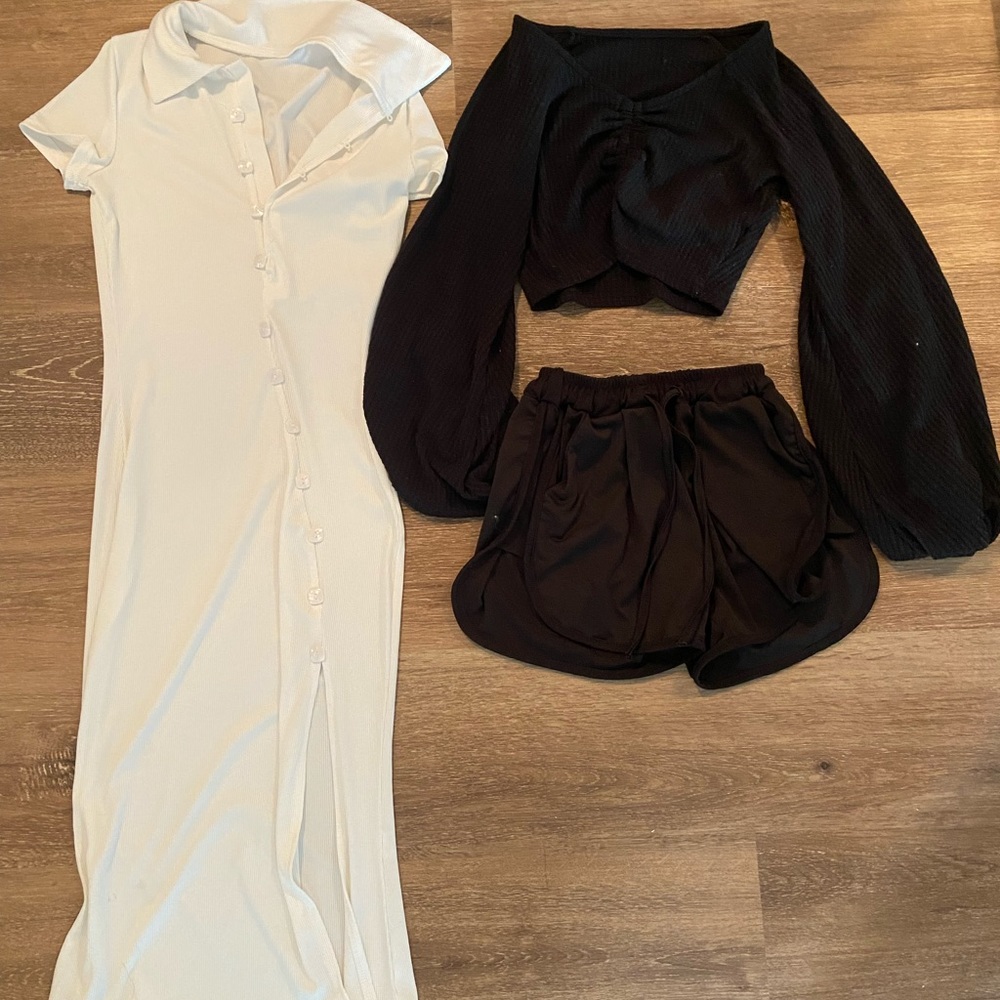 White dress, tank top, shorts: 3 pieces together